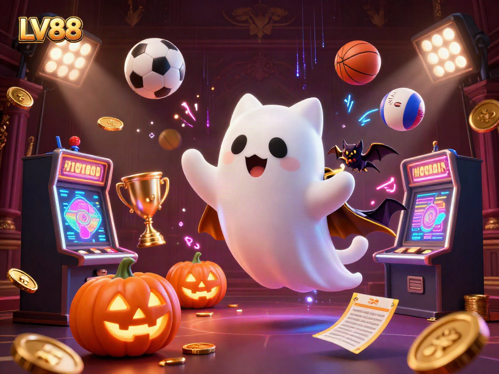 Engage with LV88, a thrilling haunted casino scene featuring a friendly ghost cat and a vampire bat amidst dynamic sports elements.