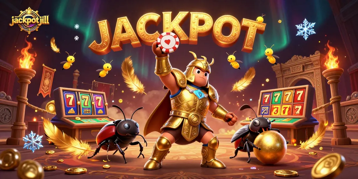 Jackpotjill gaming illustration showcasing beetle champions lifting poker chips in a vibrant casino setting.