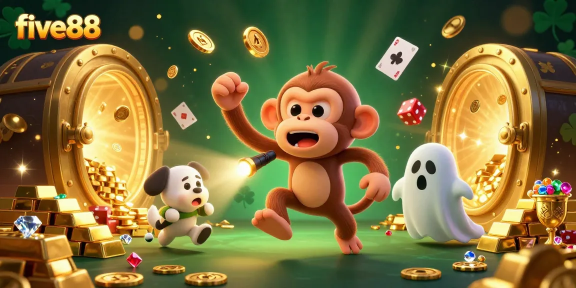 Experience the magic of five88 with a lively scene featuring a playful ghostly monkey juggling treasures in a haunted casino.