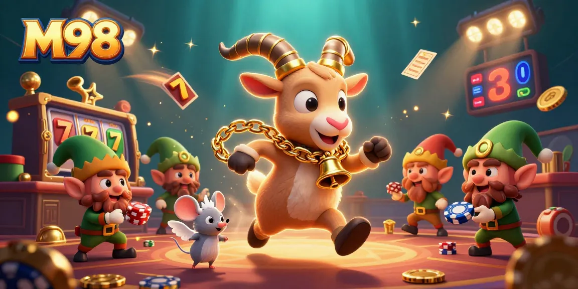 M98 offers thrilling slot games at a vibrant casino where playful characters enhance your gaming experience.