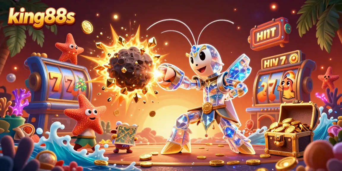 Engage with king88s' vibrant underwater casino scene featuring a galactic samurai mantis shrimp, dynamic slot elements, and rich treasures.