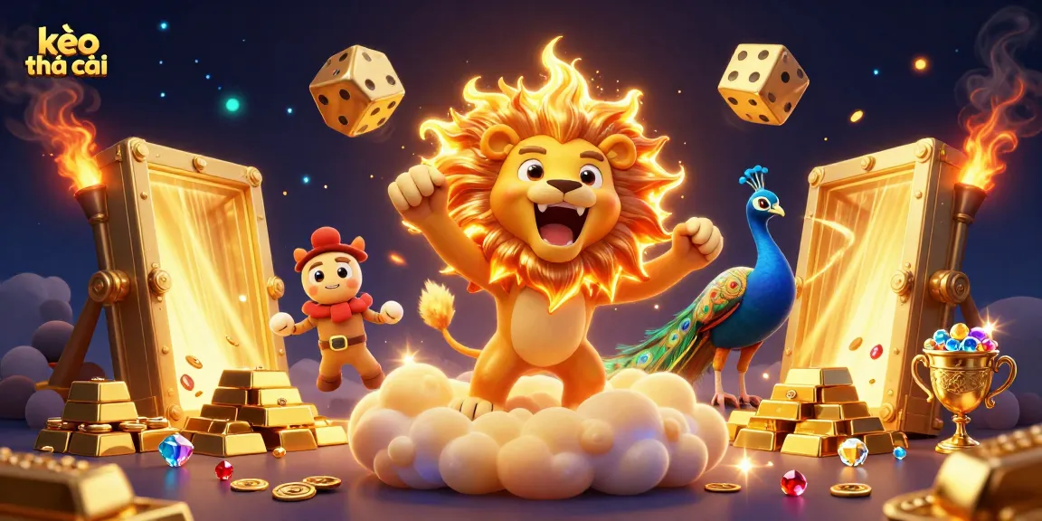 Experience kèo nhà cái with vibrant 3D illustration featuring a roaring lion and golden treasures