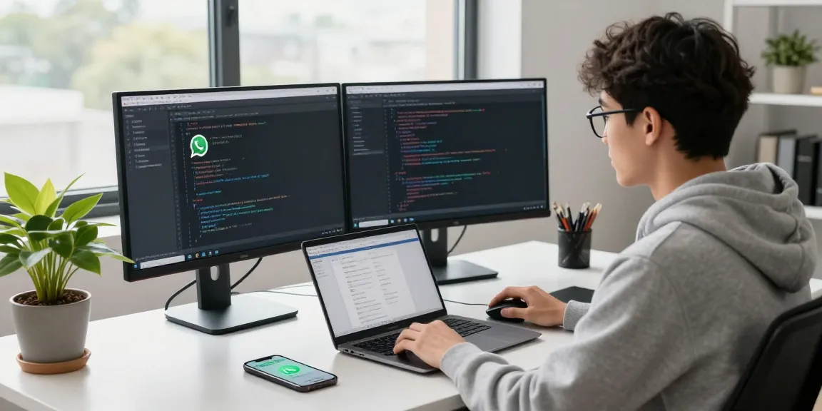 Developer using WhatsApp電腦版 on dual monitors in a bright workspace