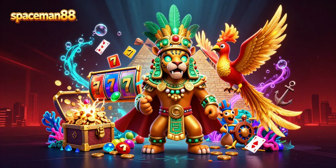 Engage with spaceman88 at the vibrant casino scene featuring Mayan characters and slot reels.