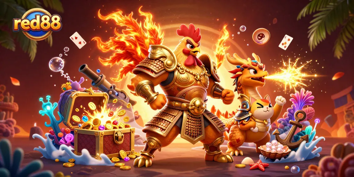 Experience thrilling wins at red88 casino with a warrior rooster amidst gaming treasures.