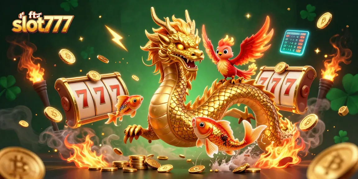 Engage with daftar slot777 in a vibrant 3D casino scene featuring dragons and crypto elements.