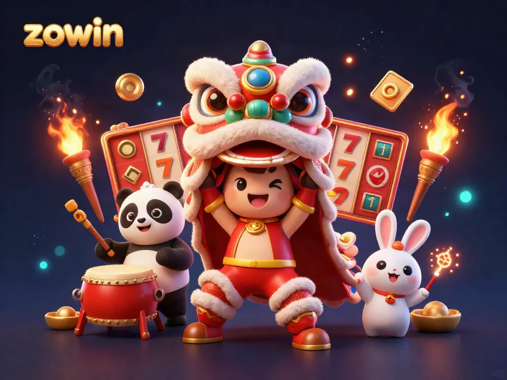 Experience the excitement of zowin gaming with lively characters and slot machines in a festive setting.