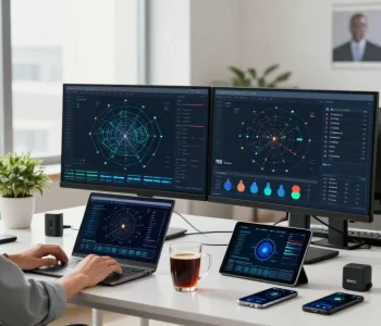 快连用户在现代办公环境中进行网络优化，显示出高效的开发和分析氛围。