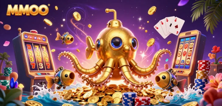 MMOO illuminates a vibrant underwater casino scene with a golden kraken and slot reels.