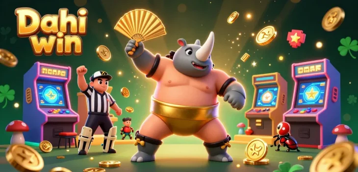Dhani win brings excitement with a dynamic scene of a sumo champion beetle and arcade elements amidst casino gold.
