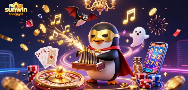 Bring winnings to life with sunwin chính hãng as a 3D penguin plays an organ shooting golden coins, showcasing vibrant gambling elements.