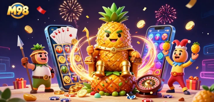 M98 slot game celebration with a golden pineapple king, spins, and fireworks.